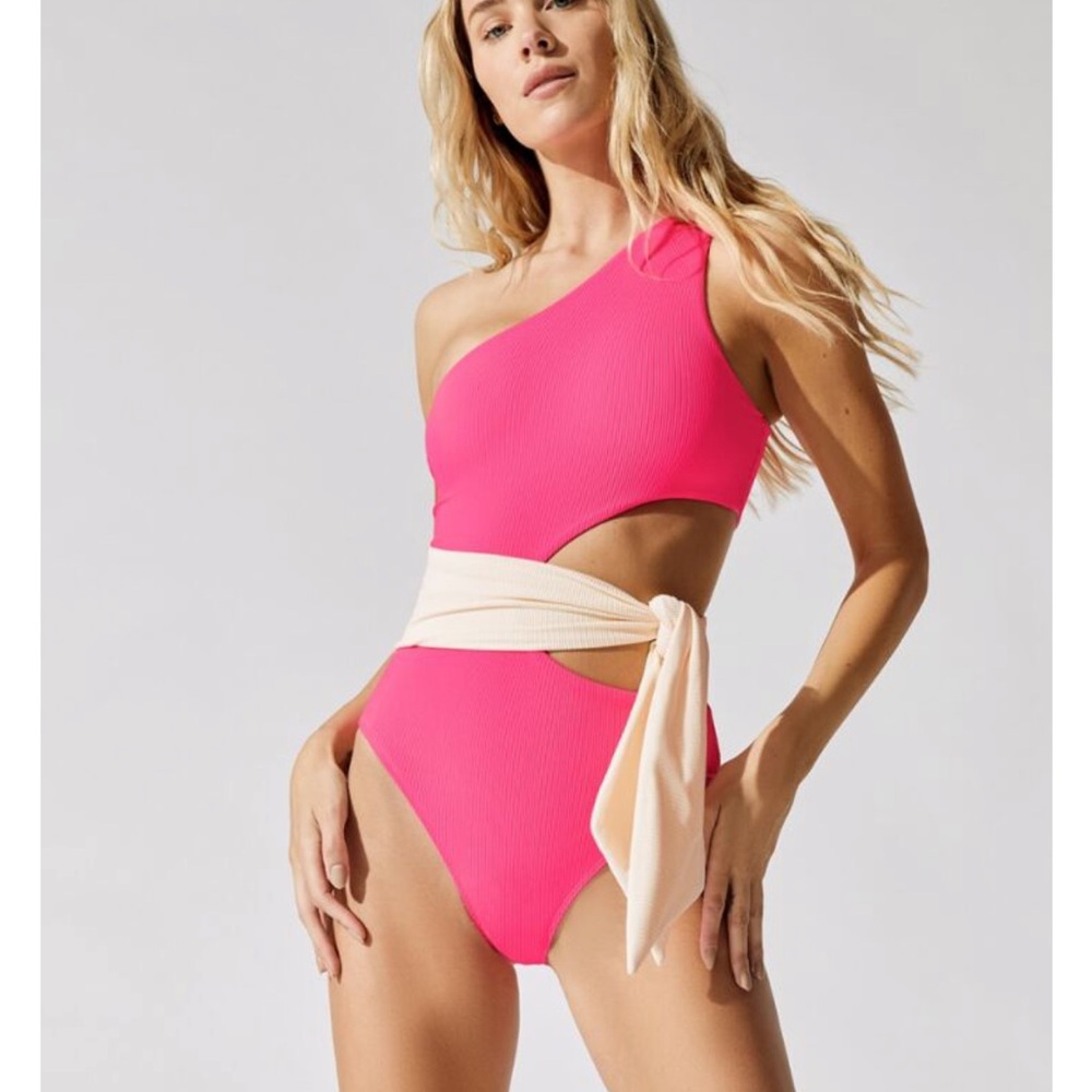 Beach Riot One-Shoulder Hot Pink Cutout Swimsuit with Cream Sash